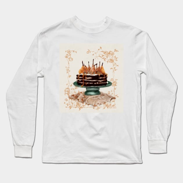 Caramel Pear and Gingerbread Cake Cottagecore Art Watercolor Long Sleeve T-Shirt by penandbea